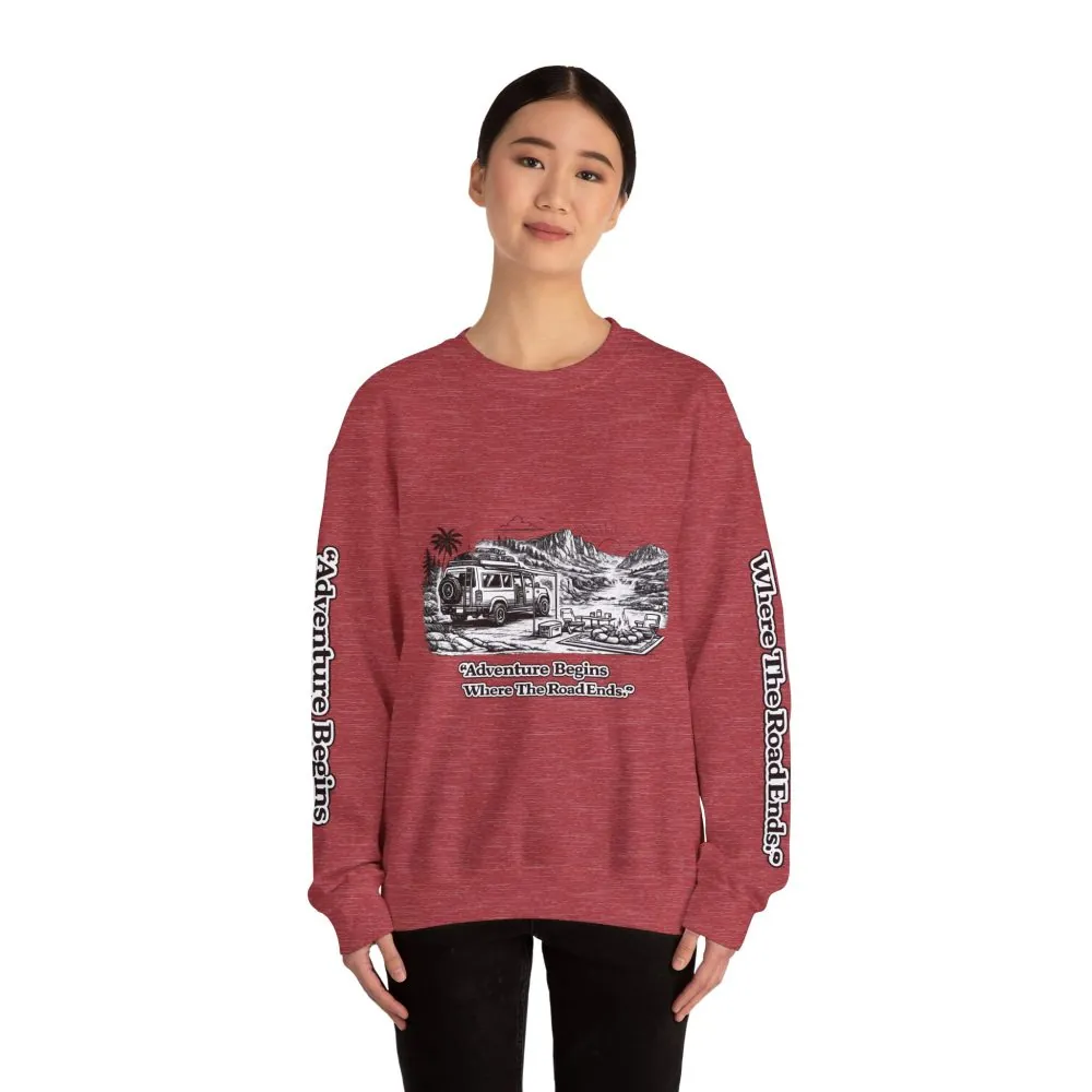 Unisex Heavy Blend™ Crewneck Sweatshirt — "Adventure Begins Where The Road Ends" Design Minimal-Line