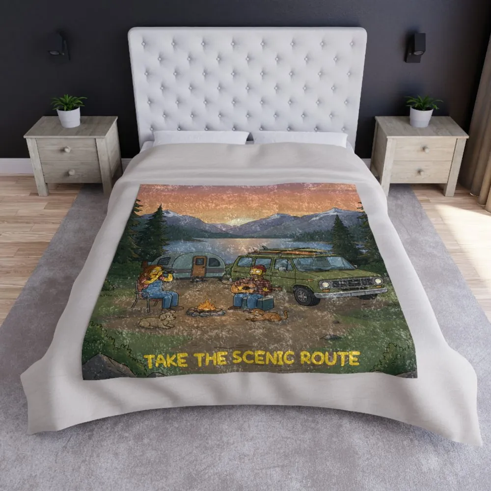 Crushed Velvet Blanket —"Take The Scenic Route" Design Sitcom-Line (Campervan)