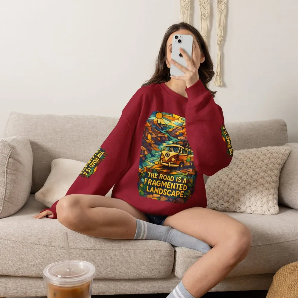 Unisex Heavy Blend™ Crewneck Sweatshirt — "The Road Is A Fragmented Landscape" Design Cubic-Line