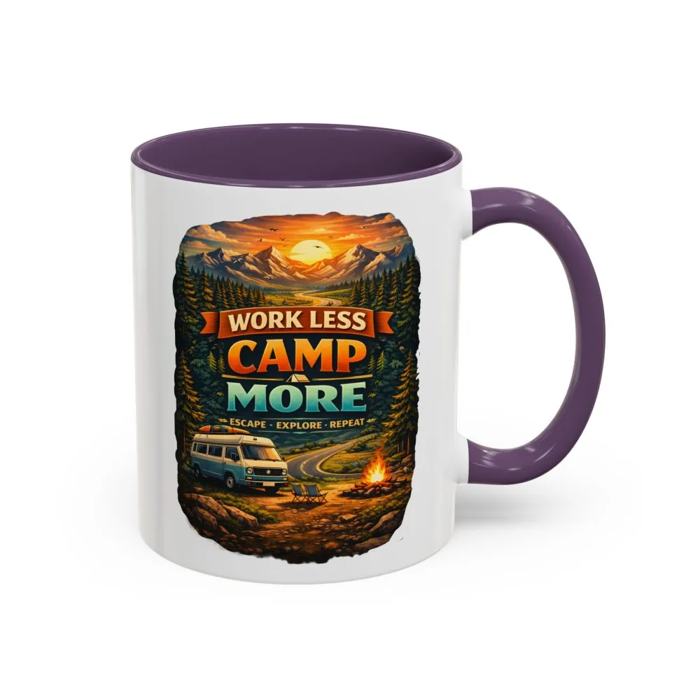 Accent Coffee Mug (11, 15oz) — "Work Less-Camp More" Design Scenic-Line