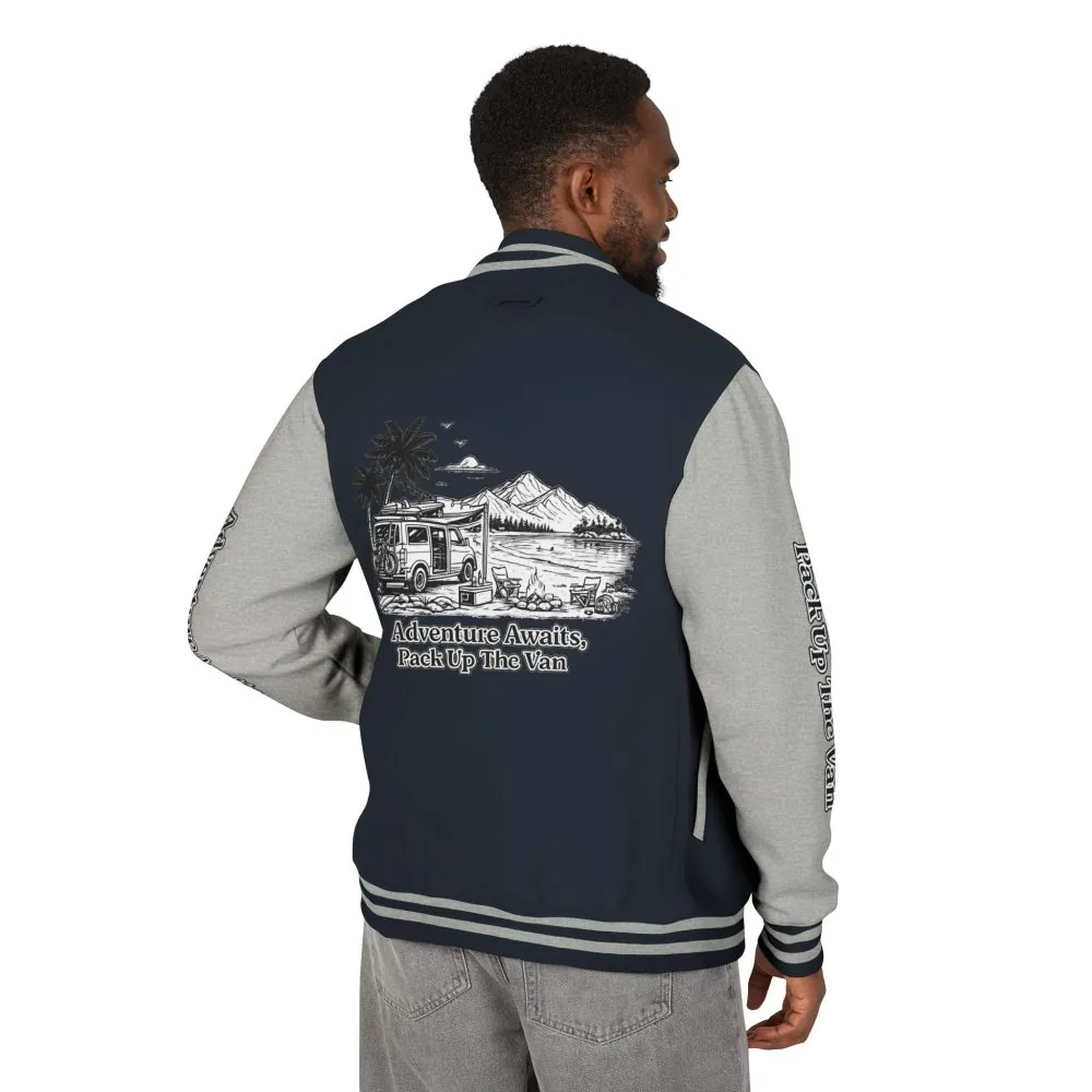 Unisex Heavyweight Letterman Jacket — "Adventure Awaits,Pack Up The Van" Travel Varsity Coat