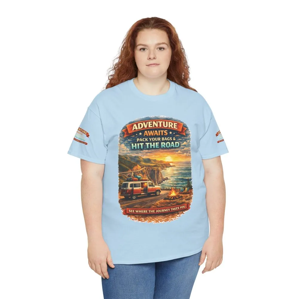 Unisex Heavy Cotton Tee — "Adventure Awaits-Pack Your Bags" Design Scenic-Line