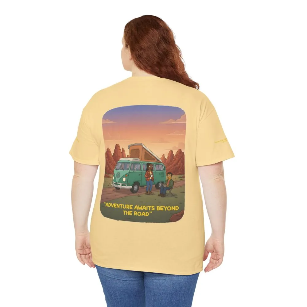 Unisex Heavy Cotton Tee — "Adventure Awaits Beyond The Road" Design Sitcom-Line
