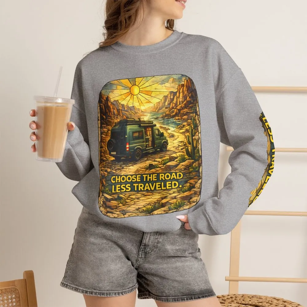 Unisex Heavy Blend™ Crewneck Sweatshirt — "Choose The Road Less Traveled" Design Cubic-Line