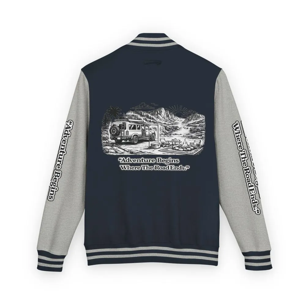 Unisex Heavyweight Letterman Jacket — "Adventure Begins Where The Road Ends" Travel Varsity Coat