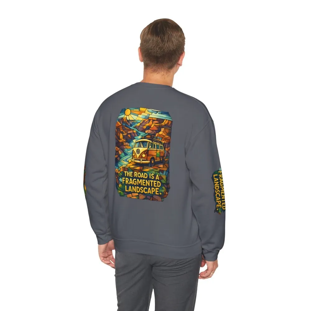 Unisex Heavy Blend™ Crewneck Sweatshirt — "The Road Is A Fragmented Landscape" Design Cubic-Line