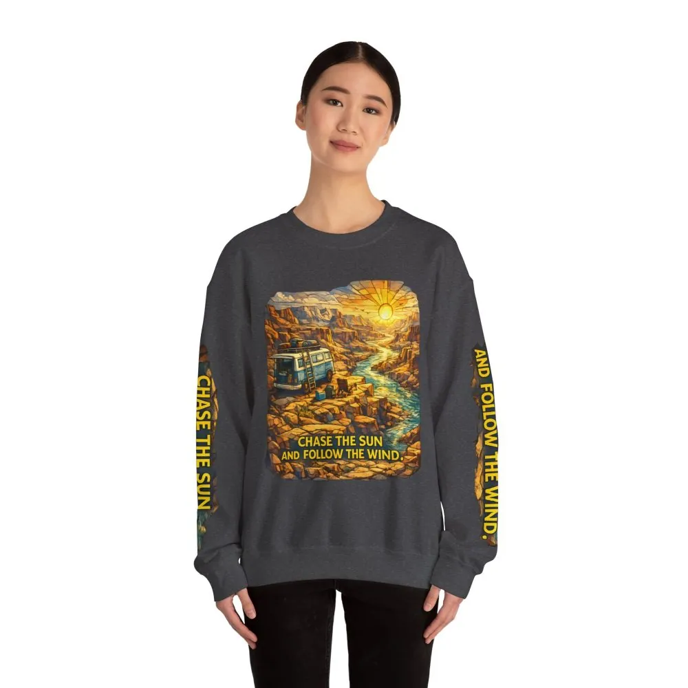 Unisex Heavy Blend™ Crewneck Sweatshirt — "Chase The Sun And Follow The Wind" Design Cubic-Line