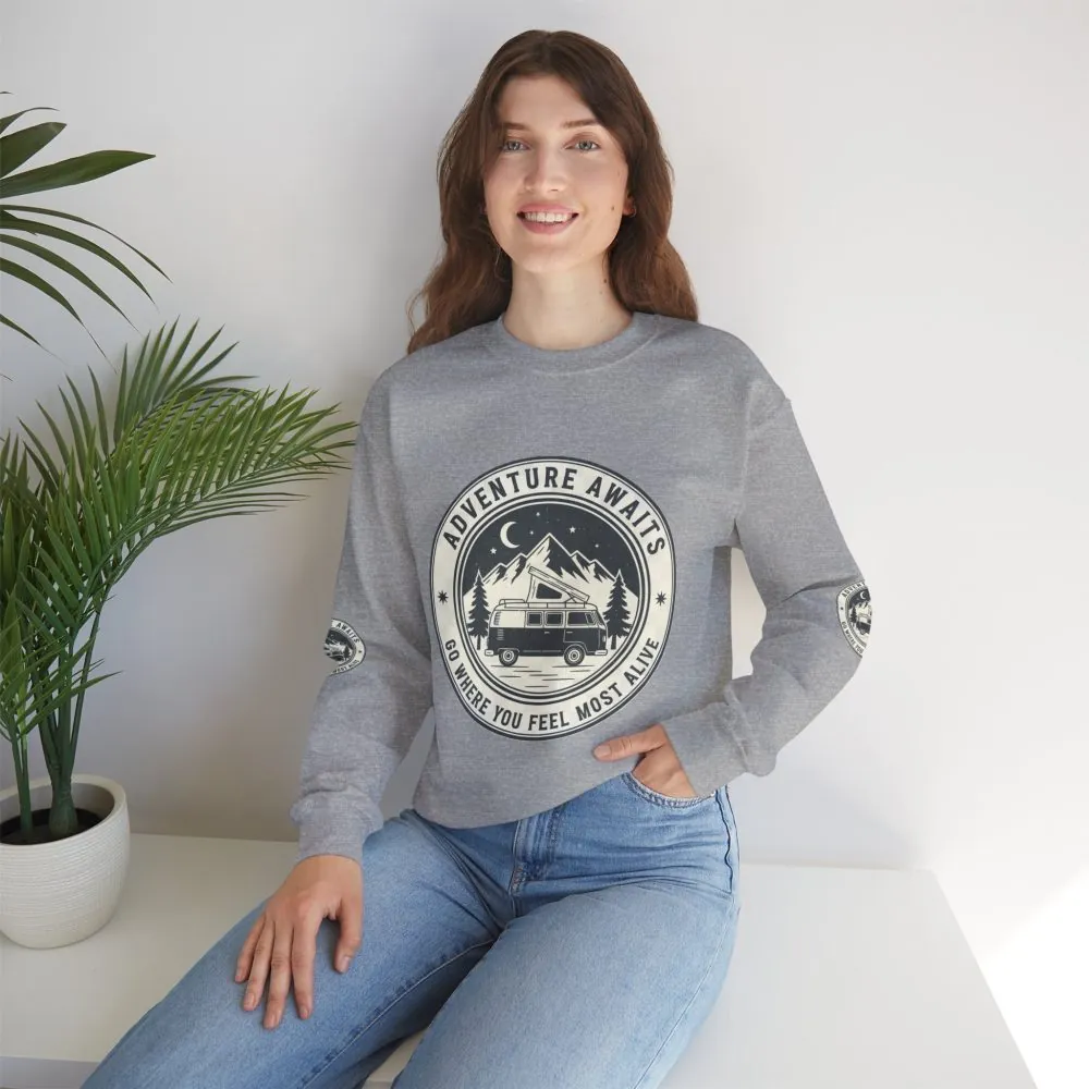 Crewneck Sweatshirt — "Adventure Awaits-Go Where You Feel Most Alive" (Font + Back + Sleaves printed) Vintage Camper Van Outdoor Graphic
