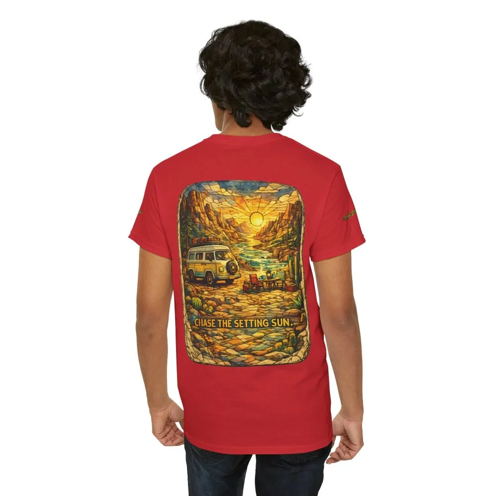 Unisex Heavy Cotton Tee — "Chase The Settings Sun" Design Cubic-Line