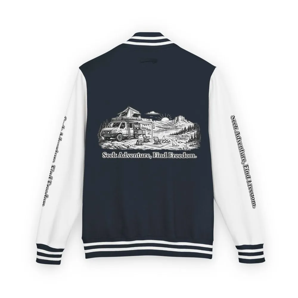 18198072019752174927_2048.jpeg Unisex Heavyweight Letterman Jacket — "Seek Adventure, Find Freedom" Travel Varsity Coat