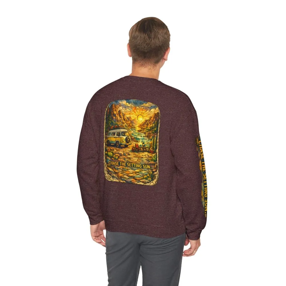 Unisex Heavy Blend™ Crewneck Sweatshirt — "Chase The Settings Sun" Design Cubic-Line