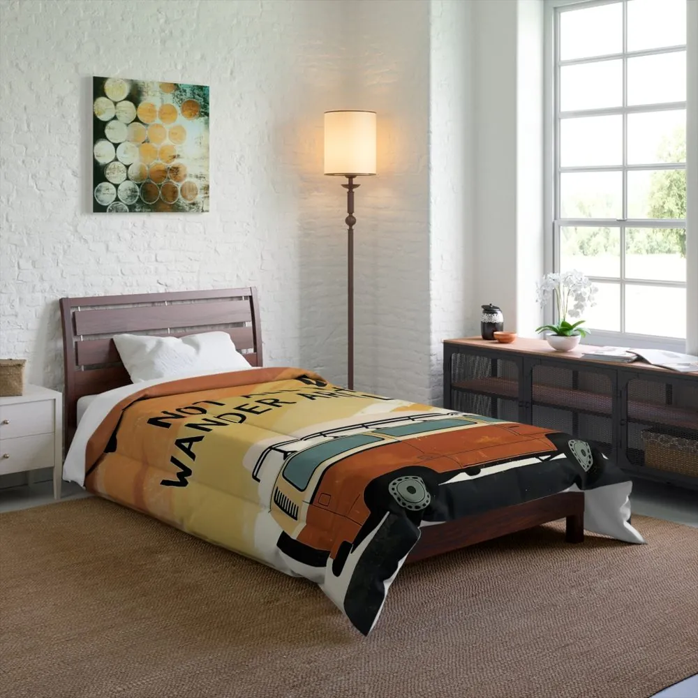 Comforter — “Vanlife: Not All Who Wander Are Lost” Retro Camper Bedding