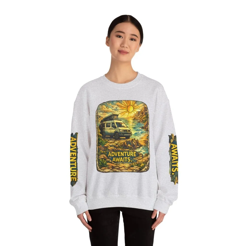 18214456428919363642_2048.jpeg Unisex Heavy Blend™ Crewneck Sweatshirt — "Adventure Awaits" Design Cubic-Line
