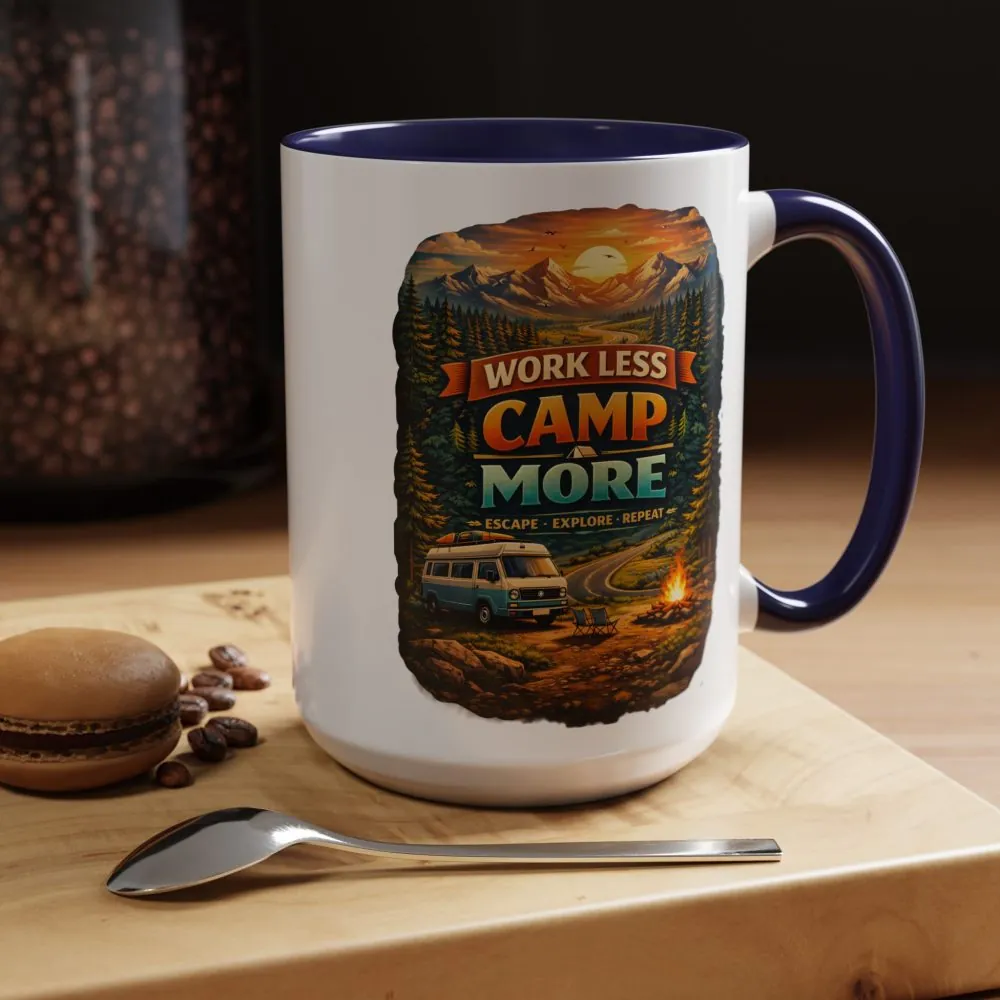 Accent Coffee Mug (11, 15oz) — "Work Less-Camp More" Design Scenic-Line