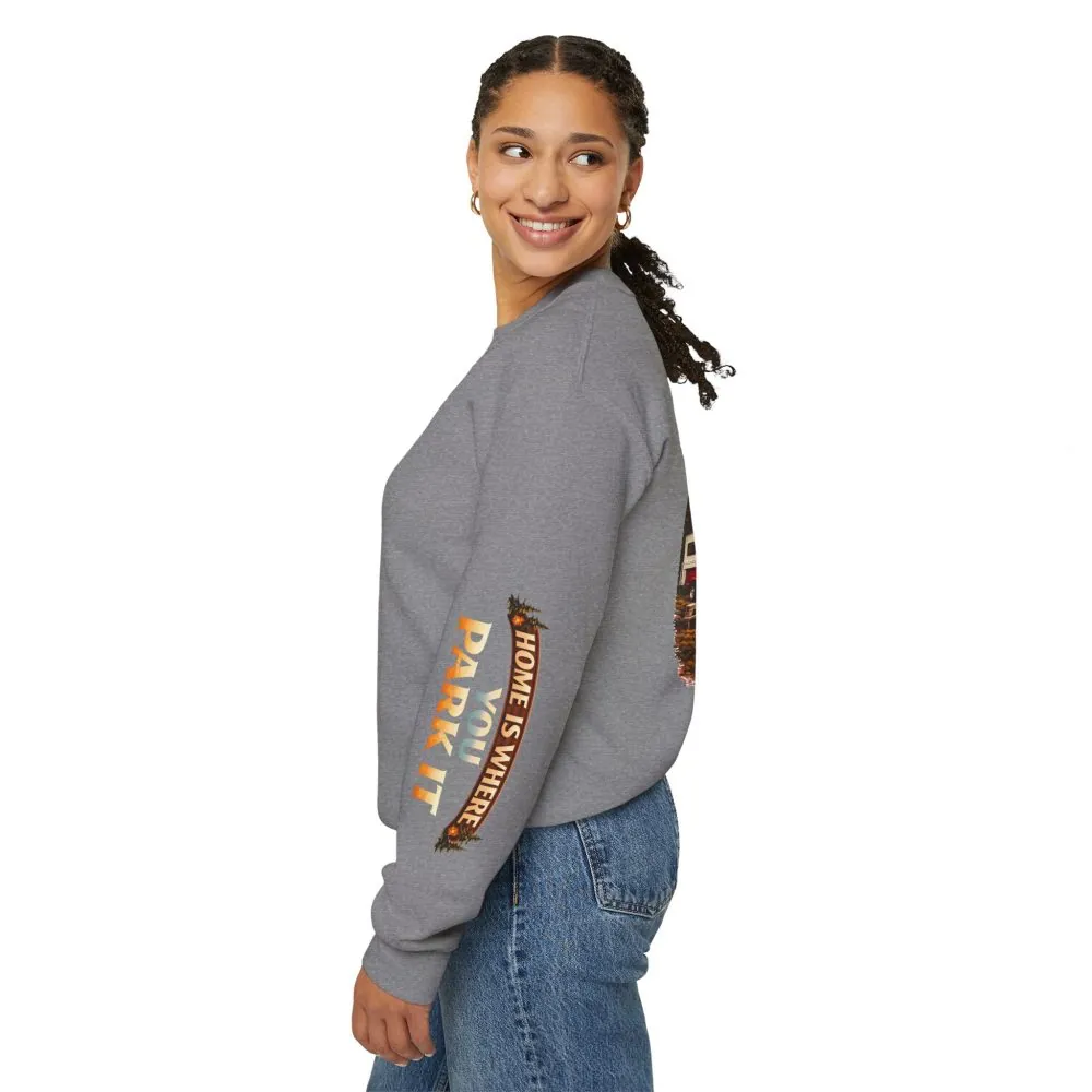 Unisex Heavy Blend™ Crewneck Sweatshirt — "Home Is Where You Park It" Design Scenic-Line