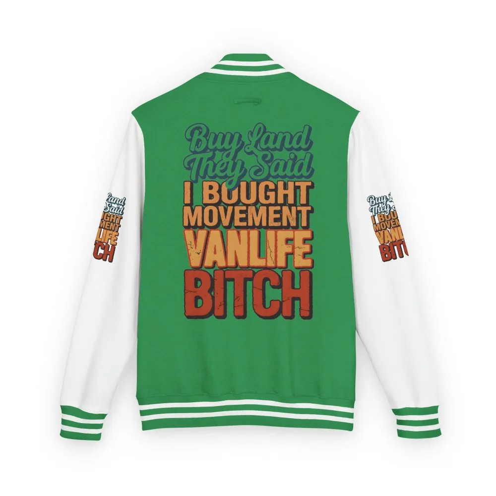 18224632602601948656_2048.jpeg Unisex Heavyweight Letterman Jacket — "Buy Land They Said" Design F**K-Line
