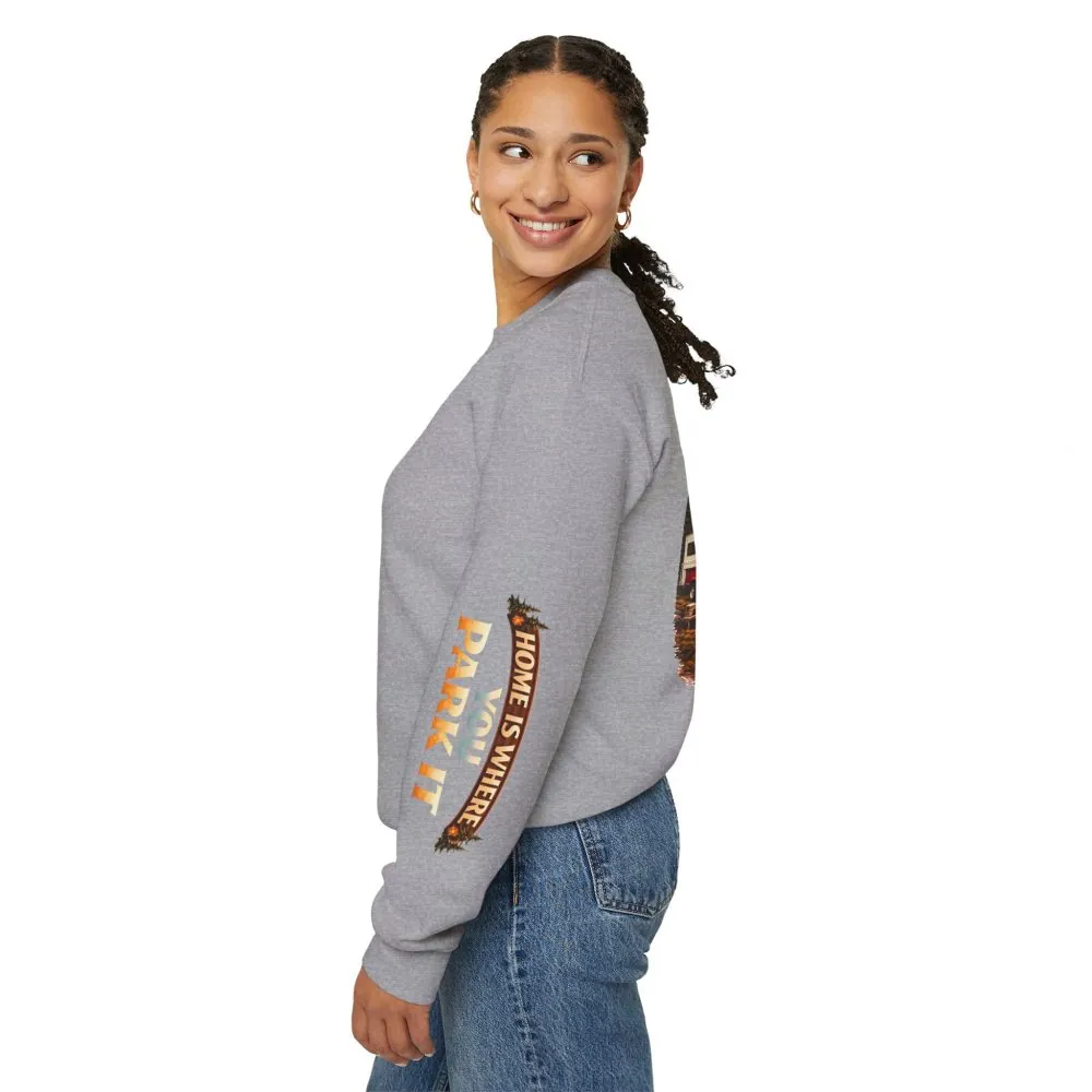 Unisex Heavy Blend™ Crewneck Sweatshirt — "Home Is Where You Park It" Design Scenic-Line