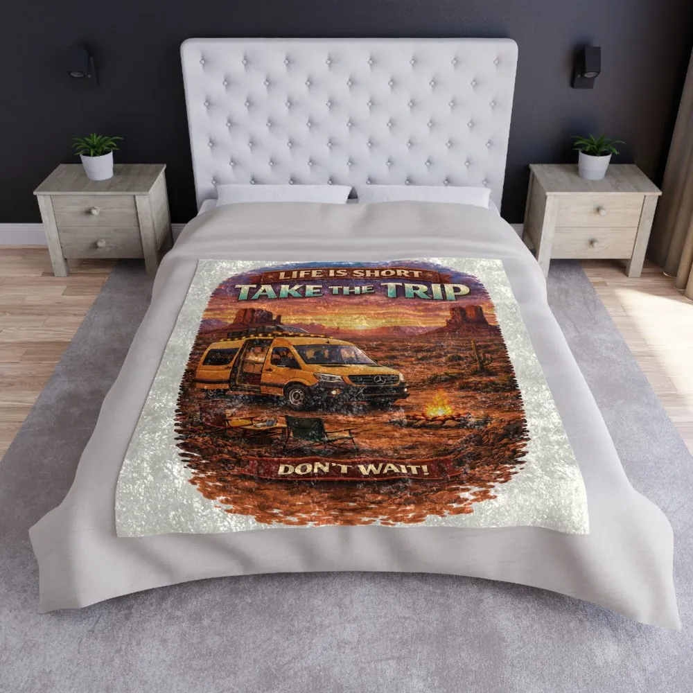Crushed Velvet Blanket —"Life Is To Short-Take The Trip" Design Scenic-Line (Campervan)