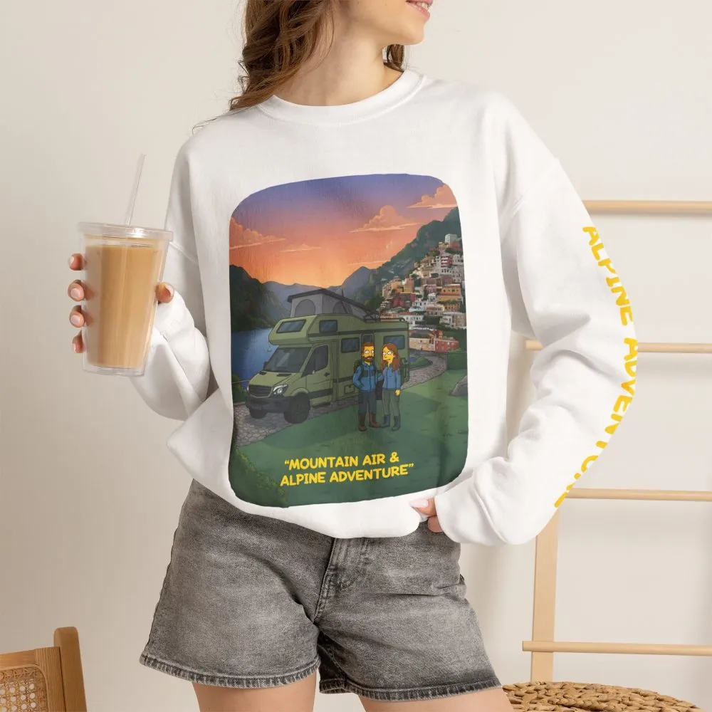 Unisex Heavy Blend™ Crewneck Sweatshirt — "Mountain Air And Alpine Adventure"" Design Sitcom-Line