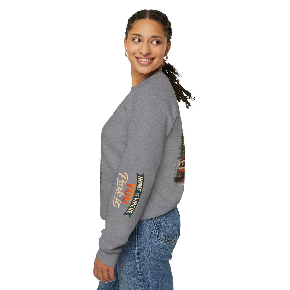 Unisex Heavy Blend™ Crewneck Sweatshirt — "Home Is Where You Park It" Design Scenic-Line