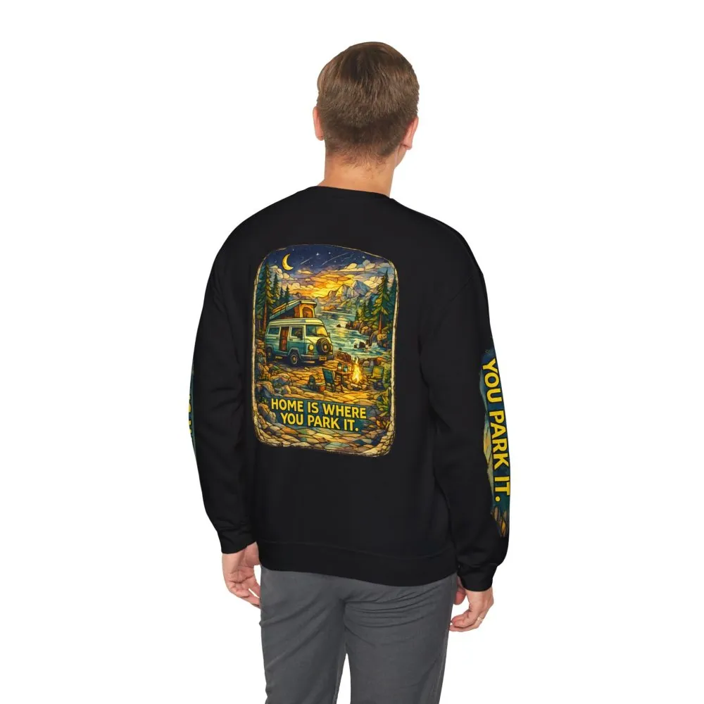 Unisex Heavy Blend™ Crewneck Sweatshirt — "Home Is Where You Park It" Design Cubic-Line