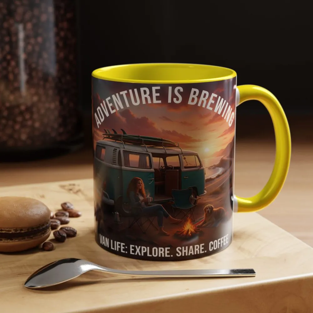 Accent Coffee Mug (11, 15oz) — "Adventure is brewing"