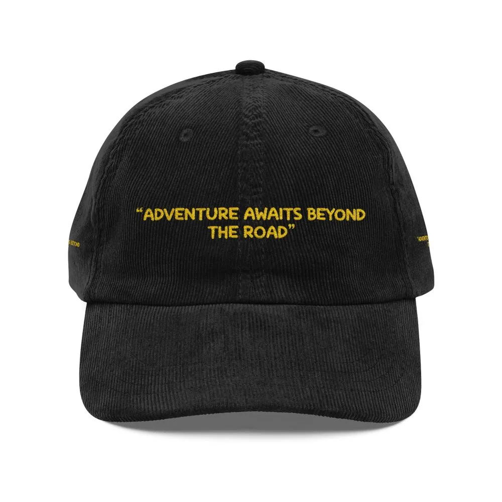 Vintage Corduroy Cap (Embroidery) — "Adventure Awaits Beyond The Road" Embroidered Hat