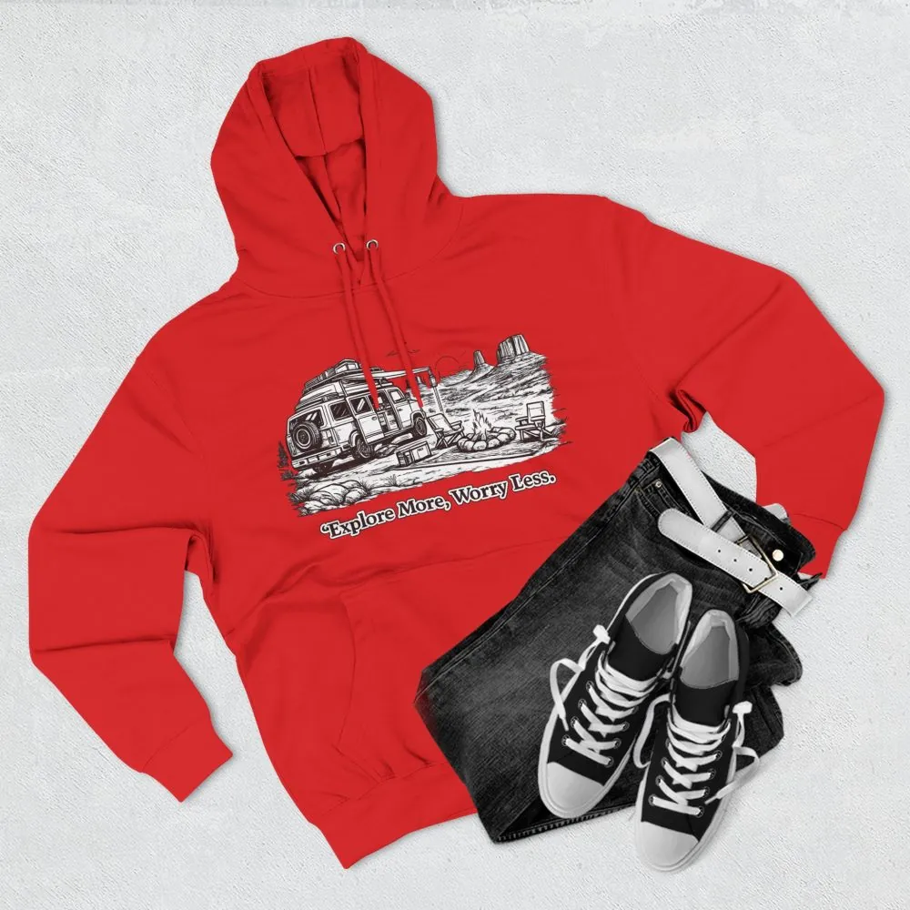 Three-Panel Fleece Hoodie - "Explore More Worry Less" Design Minimal-Line