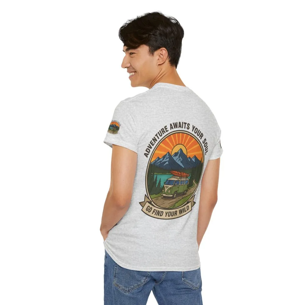 Unisex Heavy Cotton Tee — “Adventure Awaits Your Soul: Go Find Your Wild” Van & Mountain Graphic
