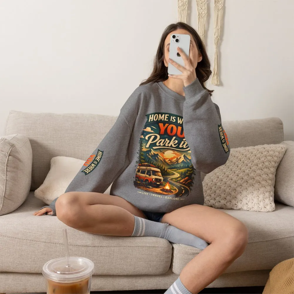 Unisex Heavy Blend™ Crewneck Sweatshirt — "Home Is Where You Park It" Design Scenic-Line