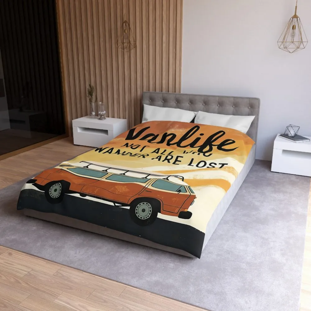 Duvet Cover — "Vanlife: Not All Who Wander Are Lost" Retro Camper Bedding