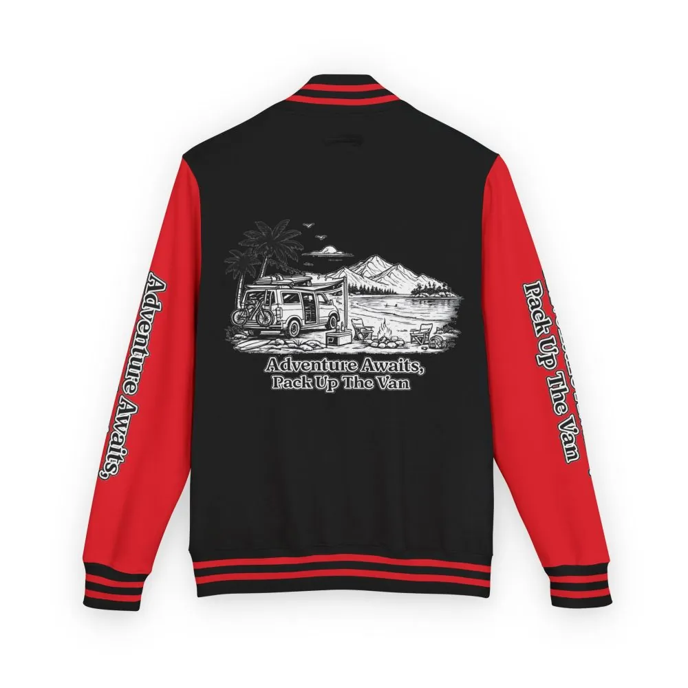 Unisex Heavyweight Letterman Jacket — "Adventure Awaits,Pack Up The Van" Travel Varsity Coat