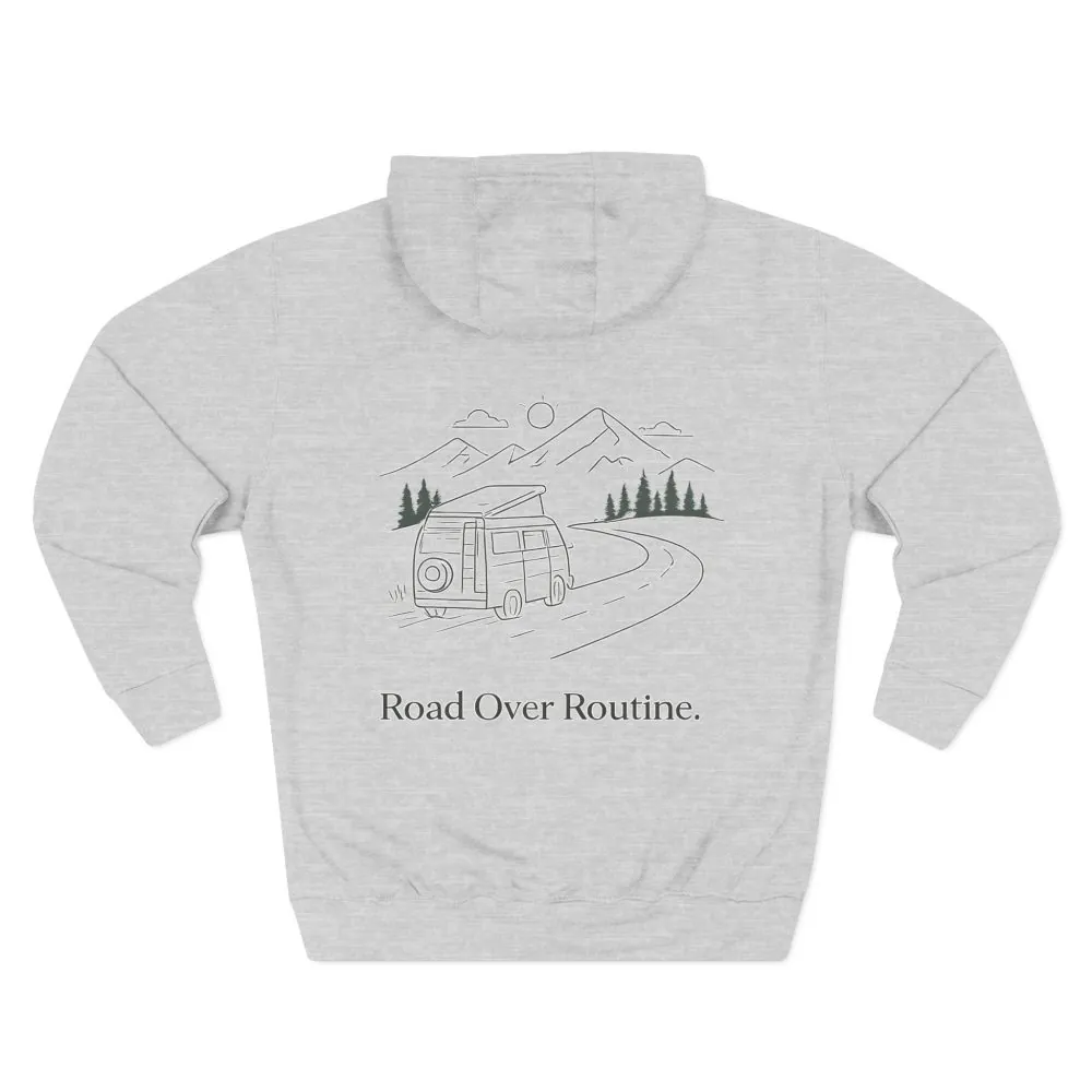 18417726182661387773_2048.jpeg Three-Panel Fleece Hoodie - "Road Over Routine" Design Minimal-Line