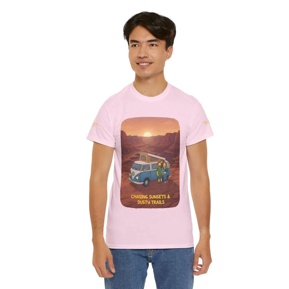 Unisex Heavy Cotton Tee — "Chasing Sunsets And Dusty Trails" Design Sitcom-Line