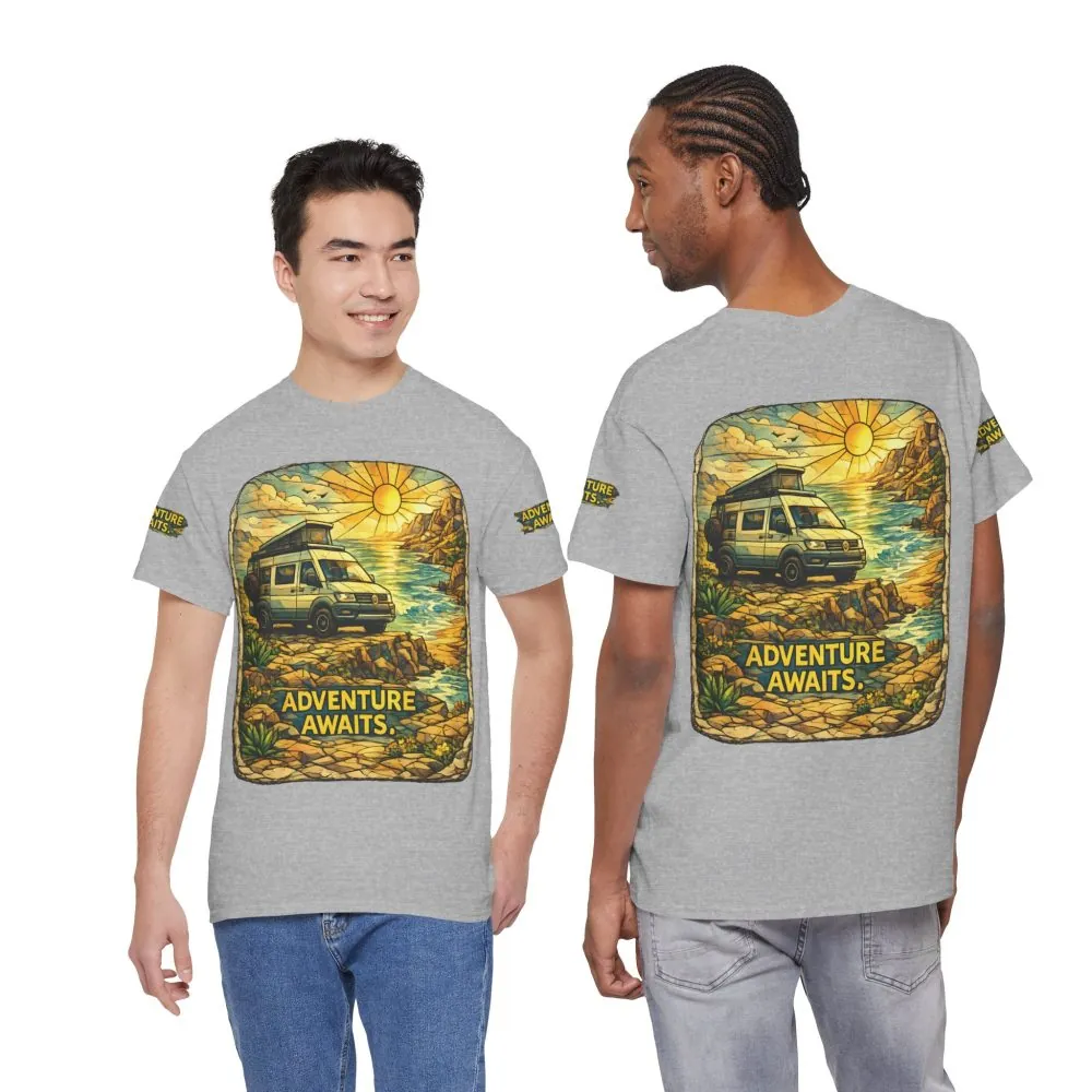 Unisex Heavy Cotton Tee — "Adventure Awaits" Design Cubic-Line