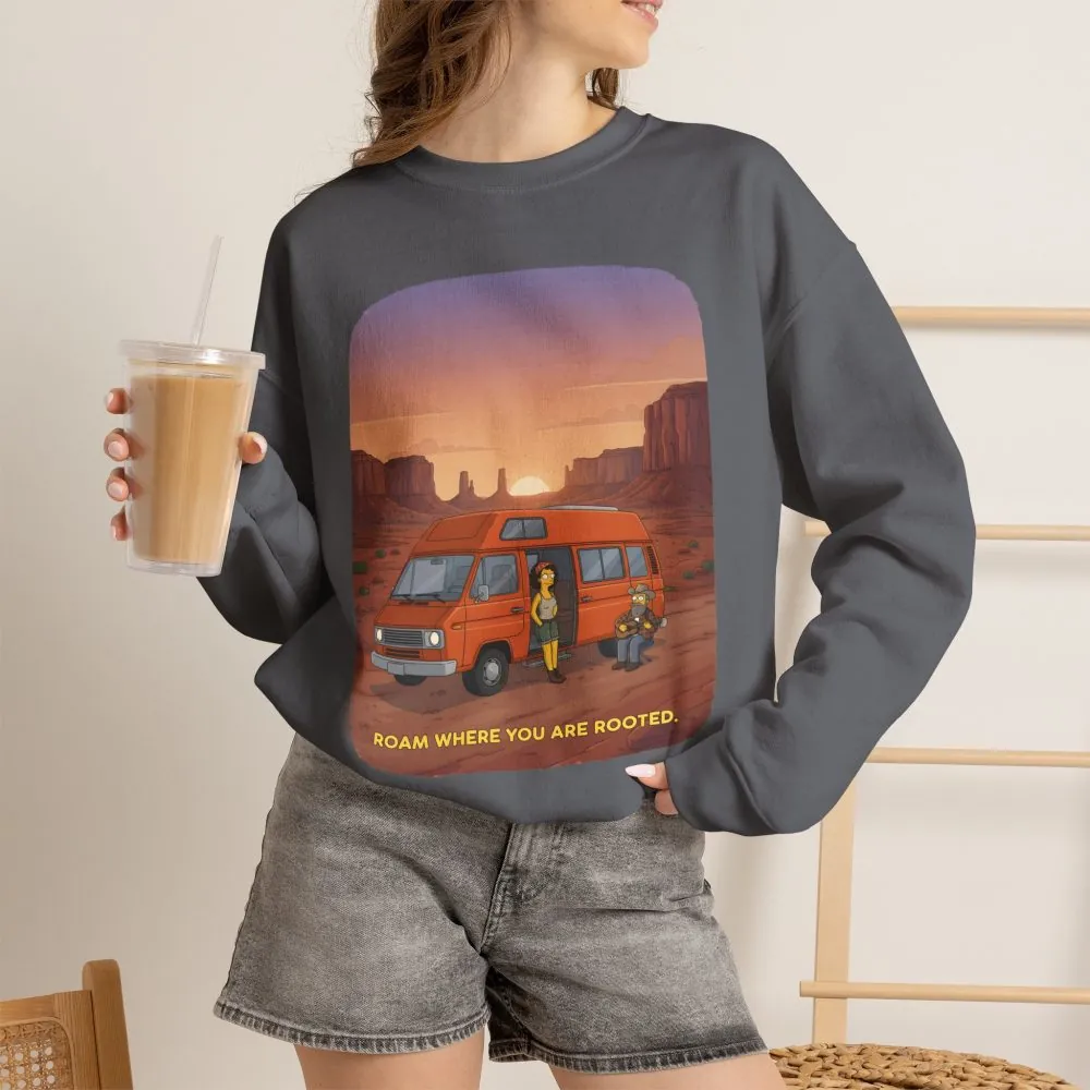 Unisex Heavy Blend™ Crewneck Sweatshirt — "Roam Where You Are Rooted" Design Sitcom-Line