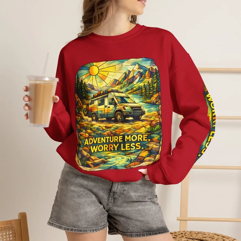 Unisex Heavy Blend™ Crewneck Sweatshirt — "Adventure More Worry Less" Design Cubic-Line