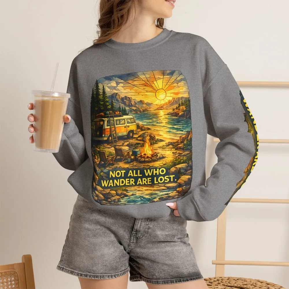 Unisex Heavy Blend™ Crewneck Sweatshirt — "Not All Who Wander Are Lost" Design Cubic-Line