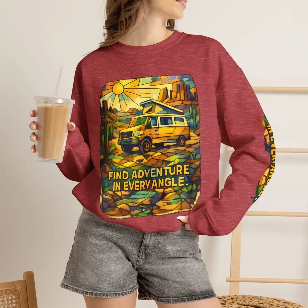 Unisex Heavy Blend™ Crewneck Sweatshirt — "Find Adventure In Every Corner" Design Cubic-Line