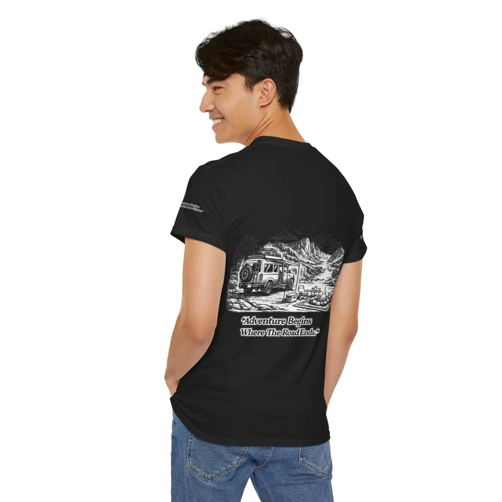 Unisex Heavy Cotton Tee — "Adventure Begins Where The Road Ends" Design Minimal-Line