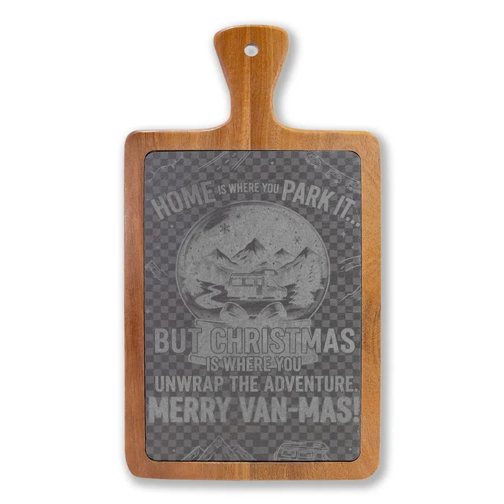 1920117048779009193_2048.jpeg "Gift" Engraved Oak Charcuterie Board with Cheese Tools — "Home Is Where You Park It-But Christmas Is Where You Unwrap The Adventure - Merry Van-mas"