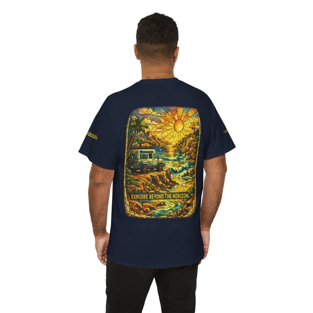 Unisex Heavy Cotton Tee — "Explore Beyond The Horizon" Design Cubic-Line