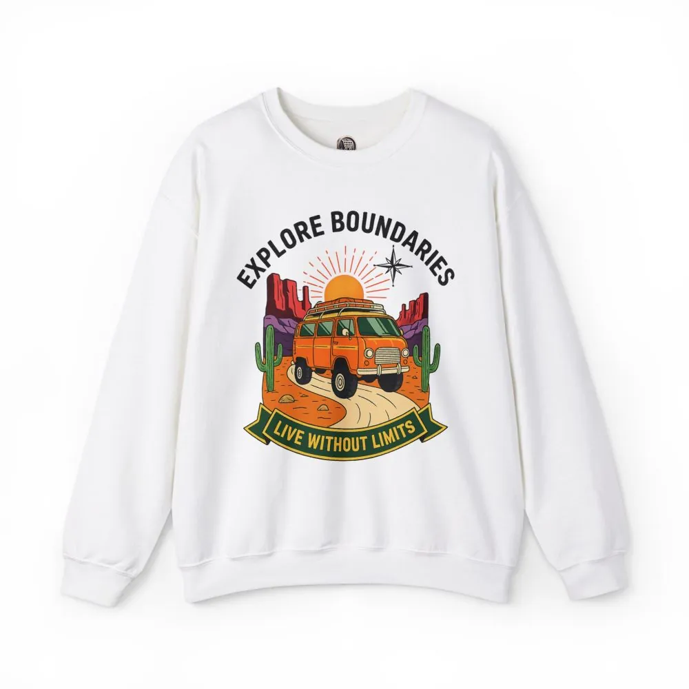 1922907077846065796_2048.jpeg Crewneck Sweatshirt — “Explore Bounderies-Live Without Limits” Desert Road Trip Graphic