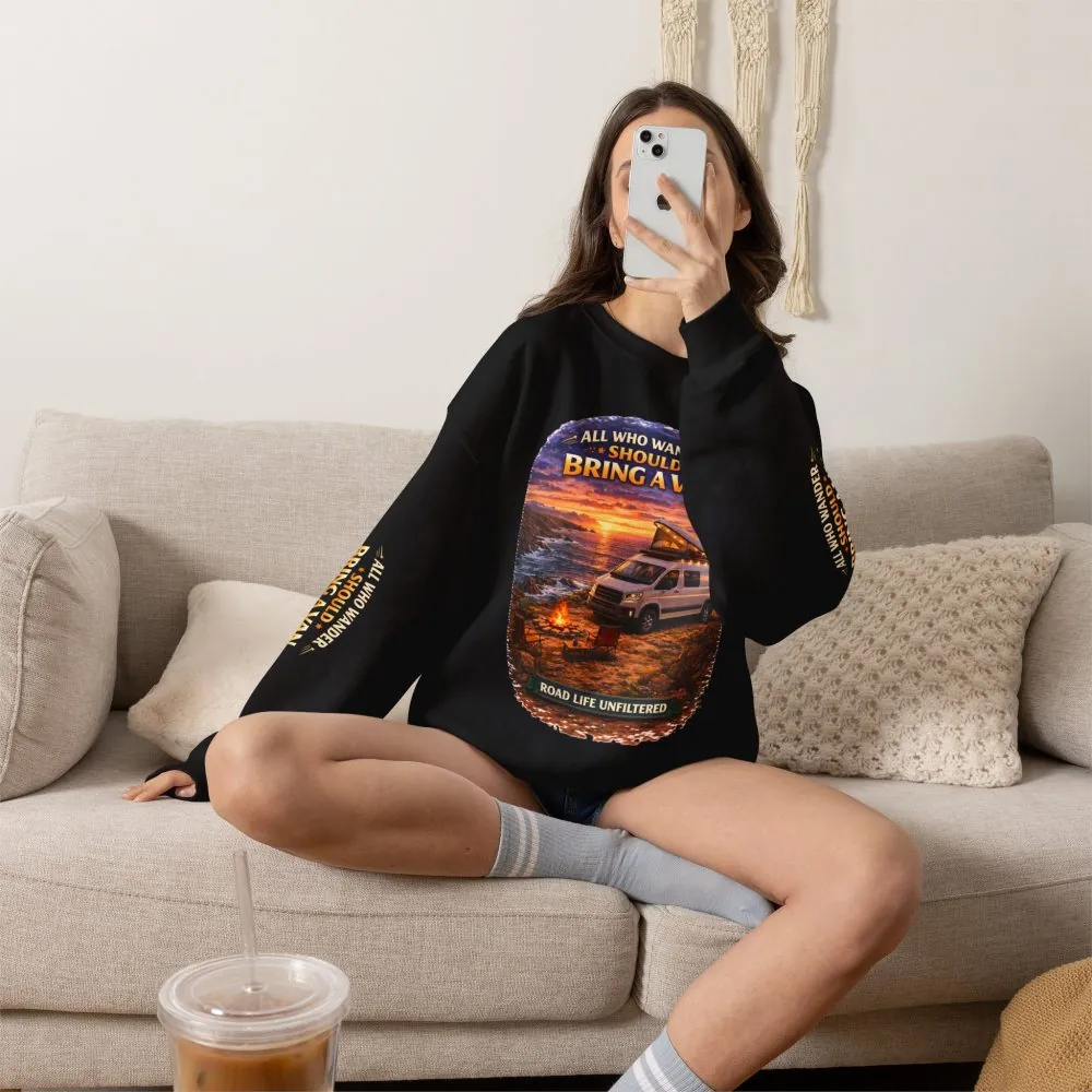 1929943339335217081_2048.jpeg Unisex Heavy Blend™ Crewneck Sweatshirt — "All Who wander Should Bring A Van" Design Scenic-Line