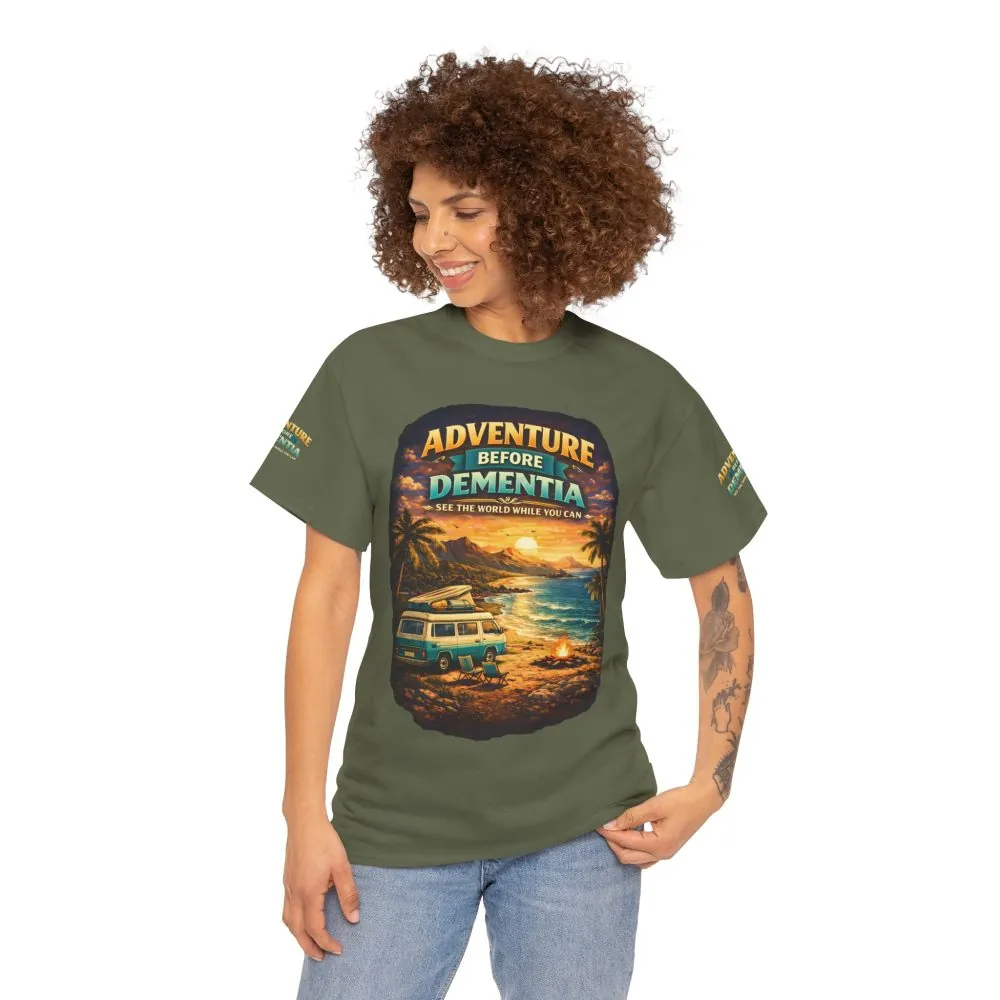 Unisex Heavy Cotton Tee — "Adventure Before Dementia" Design Scenic-Line