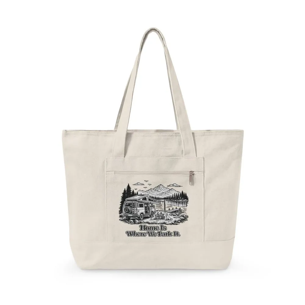 Zippered Canvas Tote — "Home Is Where You Park It" (Design Minimal-Line)