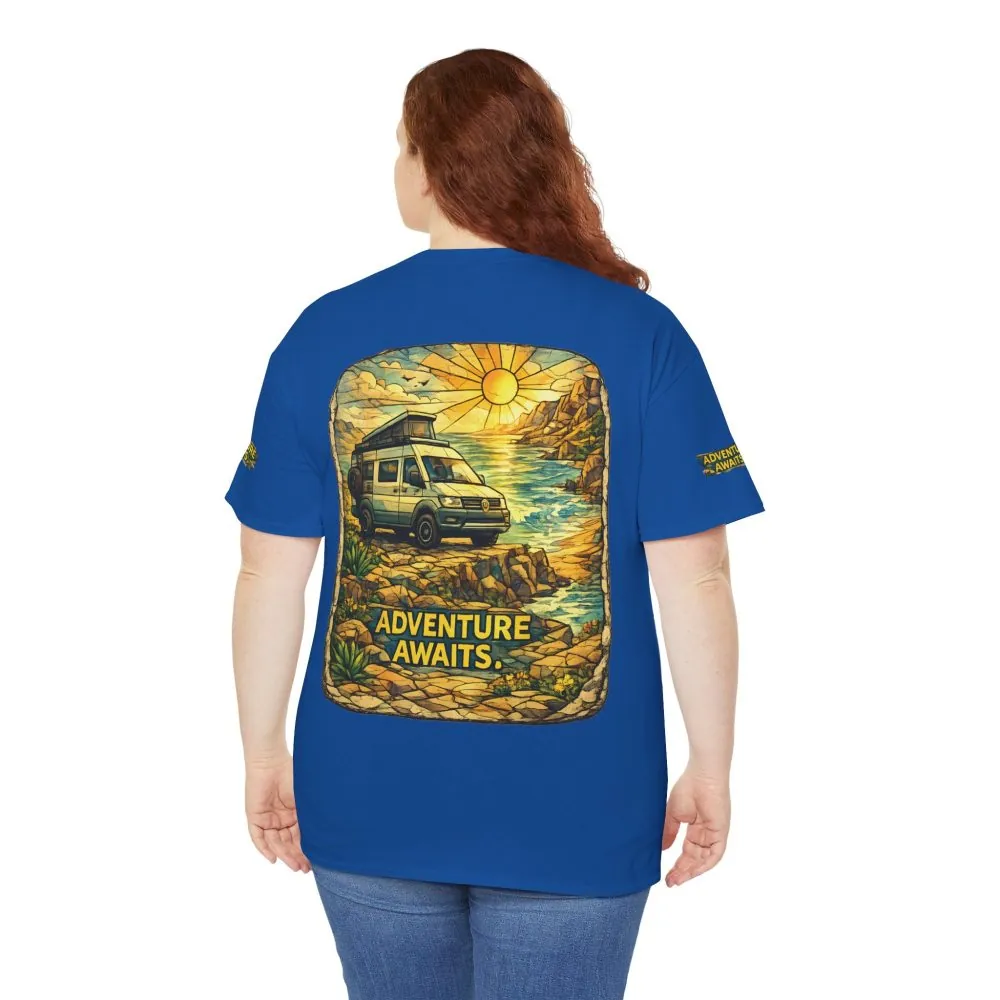 Unisex Heavy Cotton Tee — "Adventure Awaits" Design Cubic-Line