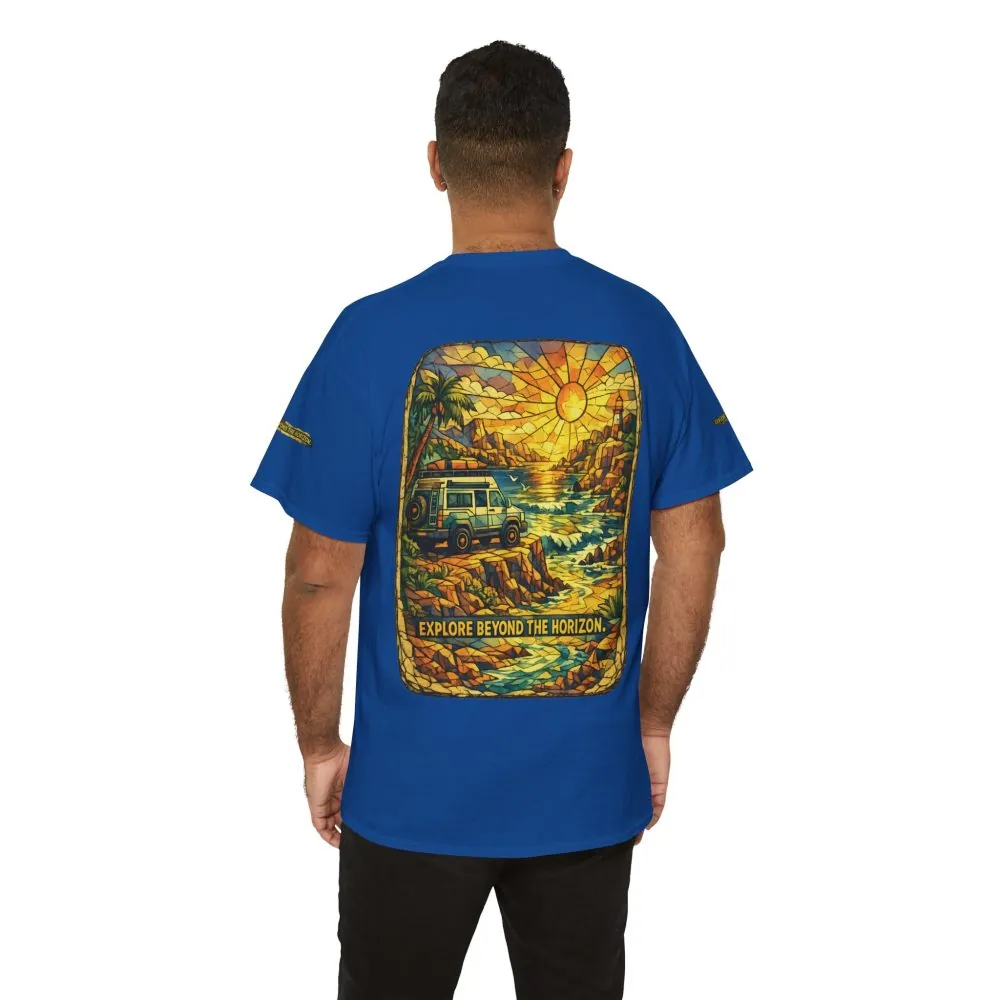 Unisex Heavy Cotton Tee — "Explore Beyond The Horizon" Design Cubic-Line