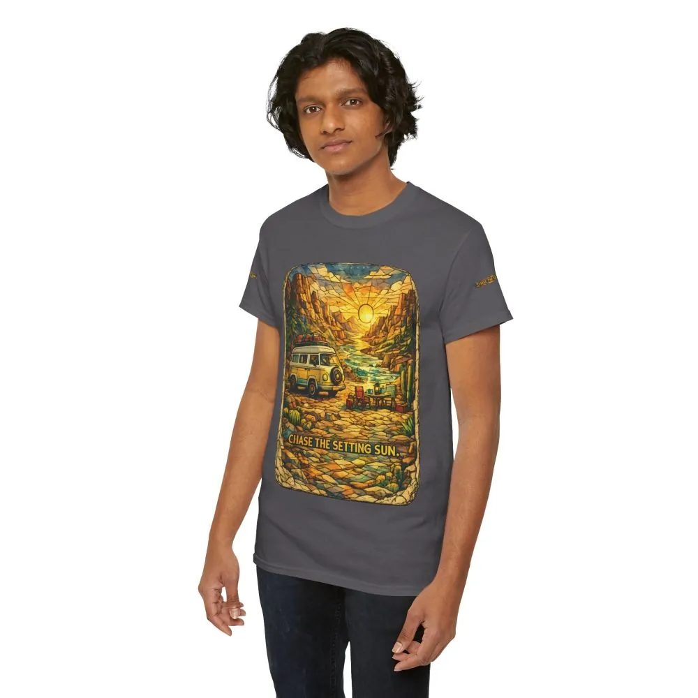 Unisex Heavy Cotton Tee — "Chase The Settings Sun" Design Cubic-Line