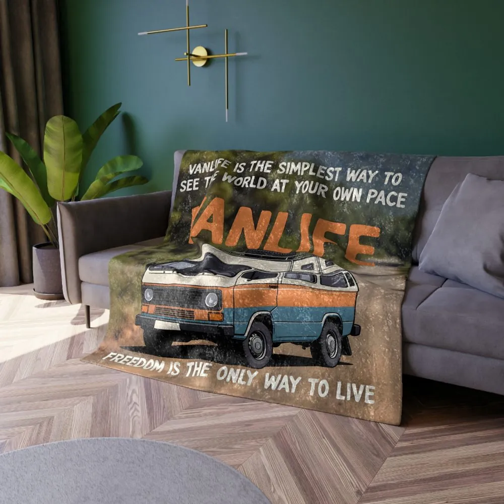 Crushed Velvet Blanket — "Vanlife freedom is the only way to live" Retro Camper Quote
